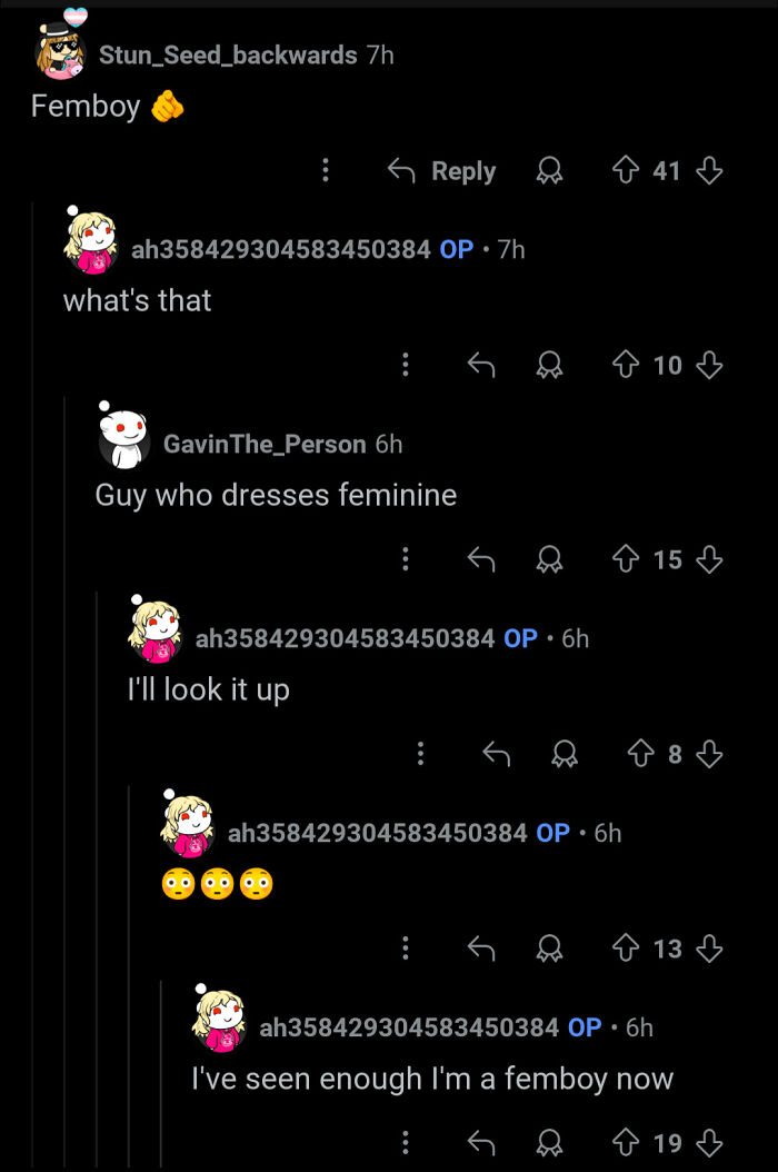 A screenshot showing character development in a Reddit conversation about discovering and identifying as a 'femboy'.