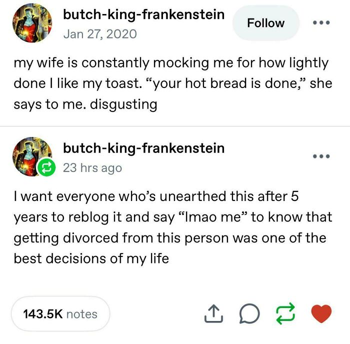 A Tumblr post showing unexpected character development, with a person realizing divorce was a good decision.