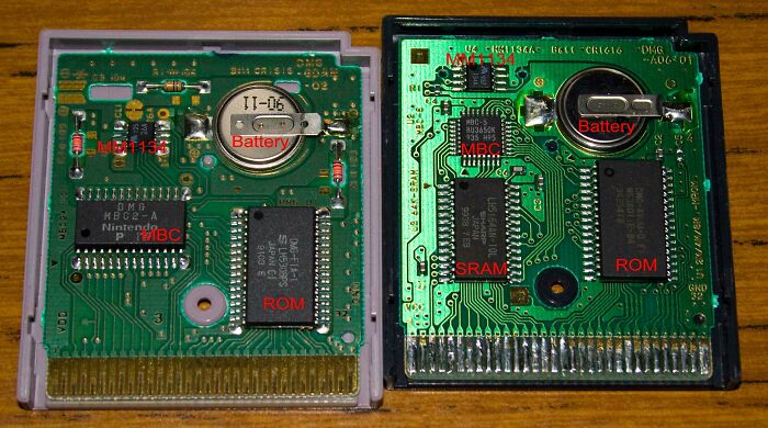 Close-up of surprising photos of two objects cut in half, revealing the internal circuitry of old gaming cartridges.
