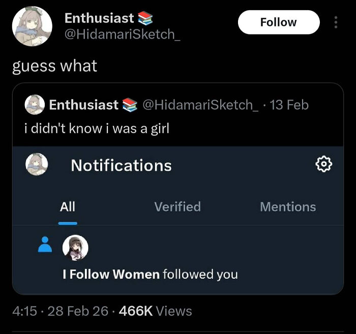 A Twitter screenshot showing unexpected character development with a user discovering their gender identity.