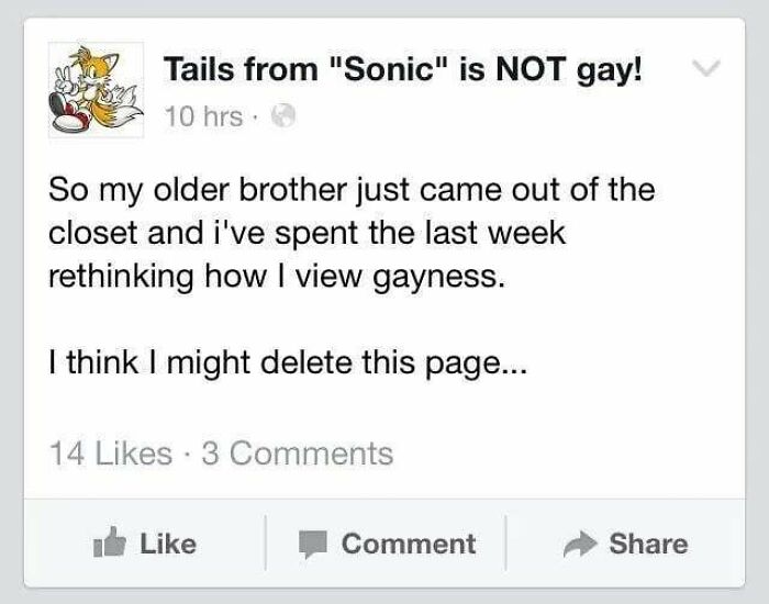 A Facebook post showing an unexpected character development of a user rethinking their views on gayness.