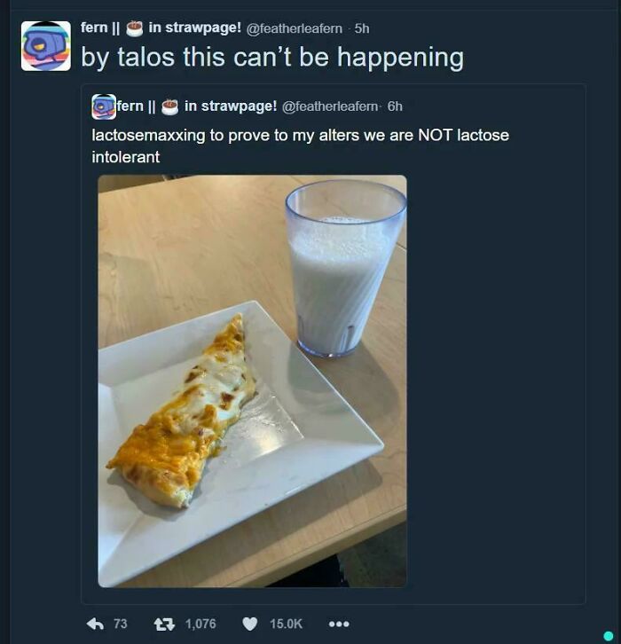 A Twitter screenshot showing an unexpected character development, with a user attempting to prove they are not lactose intolerant.
