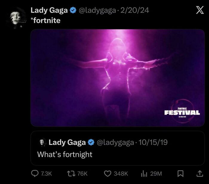 A screenshot showing Lady Gaga's unexpected character development regarding Fortnite, from asking what it is to playing it.
