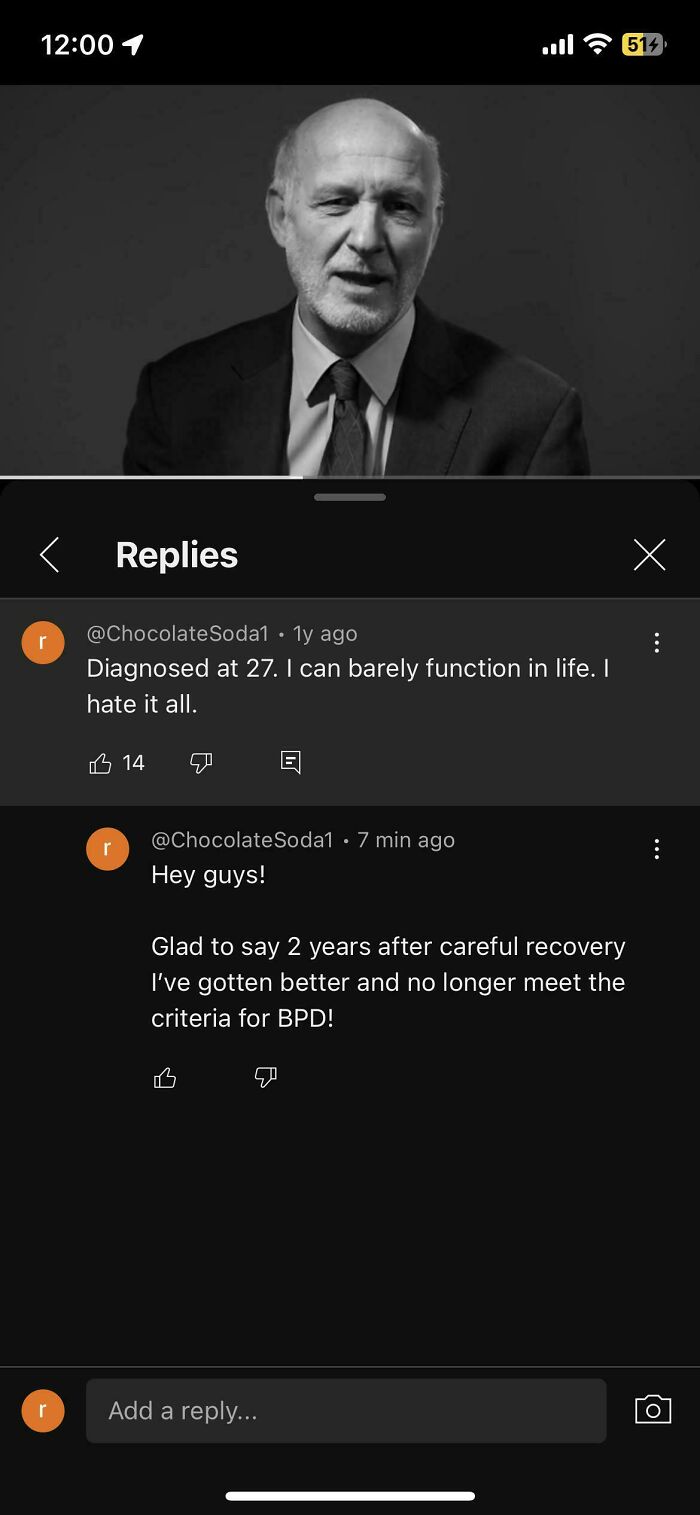 A screenshot of YouTube comments showing an ex-BPD sufferer's unexpected character development and recovery.