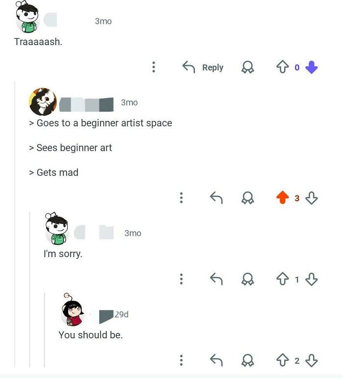 A screenshot of Reddit comments showing unexpected character development from rudeness to apology.