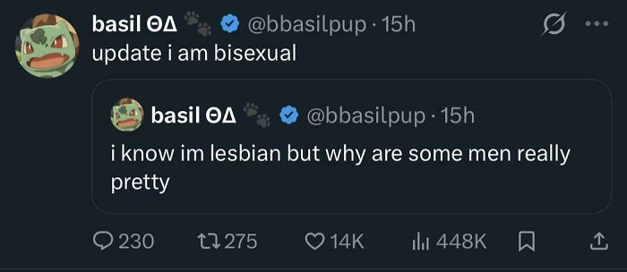 A screenshot of a tweet showing an ex-lesbian's unexpected character development to bisexual.