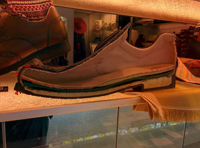 Surprising photo of an object cut in half, displaying the intricate layers within a shoe.