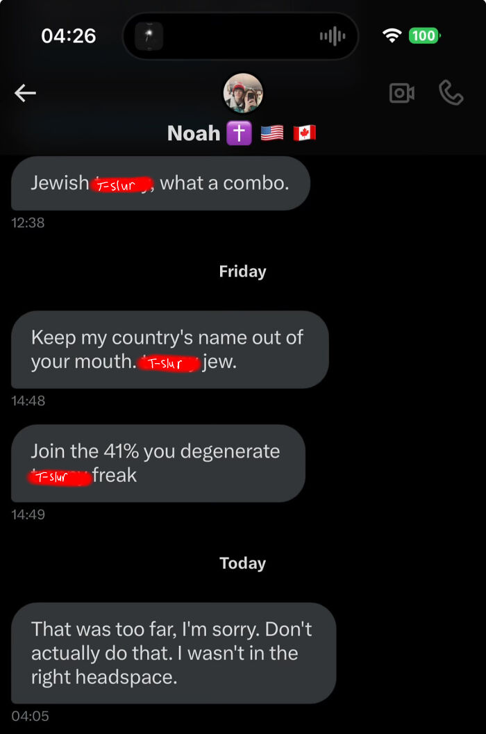 A screenshot of a text message conversation showing unexpected character development from hateful to apologetic.