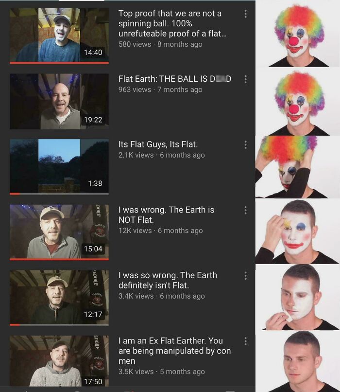 A series of YouTube video thumbnails showing an ex-Flat Earther's journey, illustrating unexpected character development.