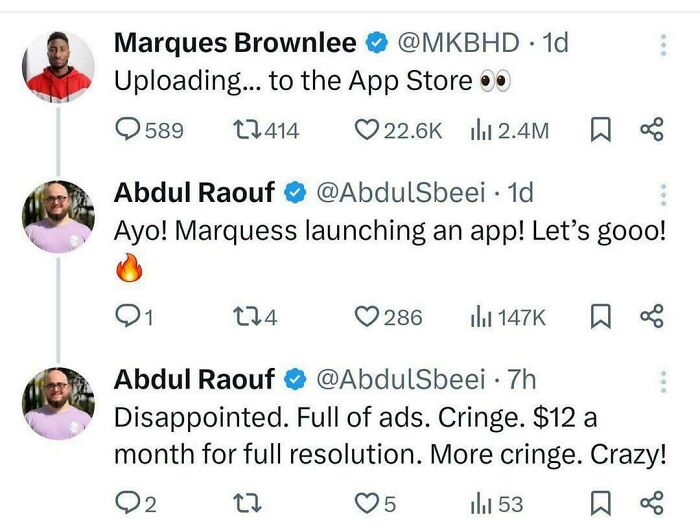 A screenshot of Marques Brownlee announcing an app, with a user showing unexpected character development from excitement to disappointment.