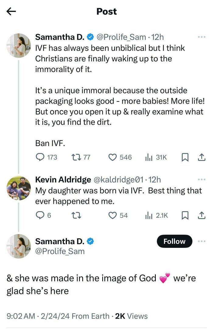 A screenshot of a post about IVF and an unexpected character development in the comment section.