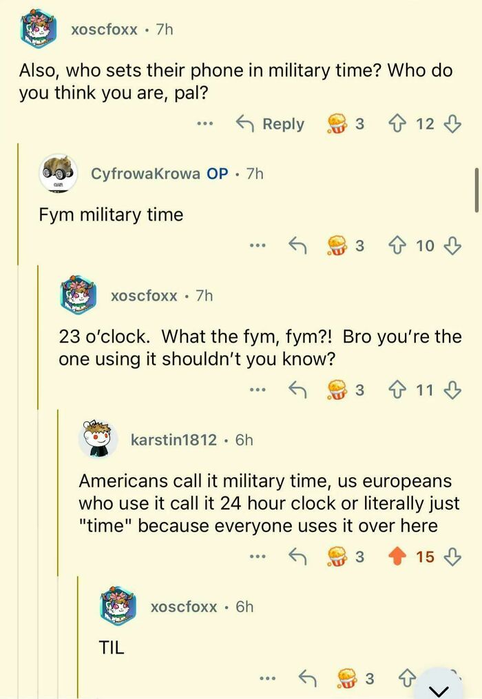 A screenshot of a conversation discussing the use of military time, highlighting people's unexpected character development.