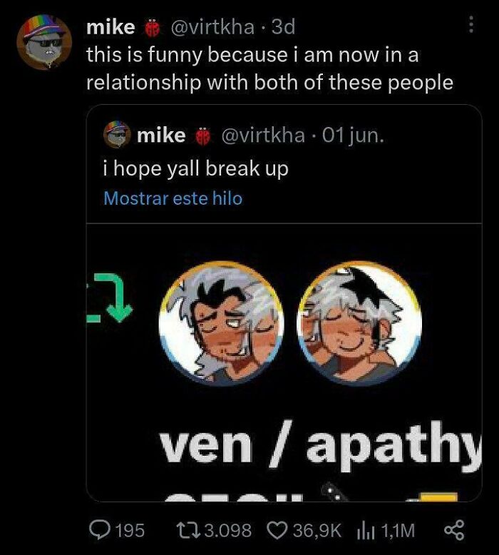 A screenshot showing unexpected character development where a user in a relationship with people they once hoped would break up.