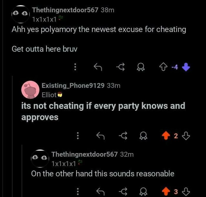 A screenshot displaying an unexpected character development in a Reddit conversation about polyamory, where a user changes their stance from dismissal to finding it reasonable.