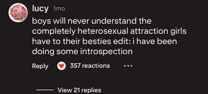A screenshot of a social media post where a user describes their unexpected character development regarding heterosexual attraction to best friends, realizing it might be more.