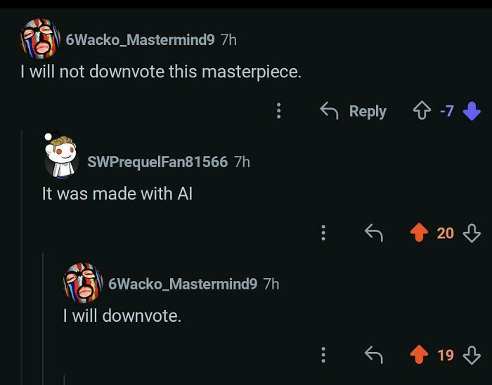 A screenshot showing unexpected character development on Reddit, as a user changes their mind about downvoting after learning an image was AI-generated.