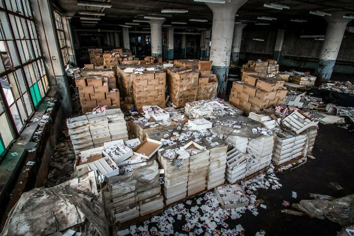 An expansive, abandoned factory floor filled with stacks of cardboard boxes and scattered items, showing something very unexpected found while exploring.
