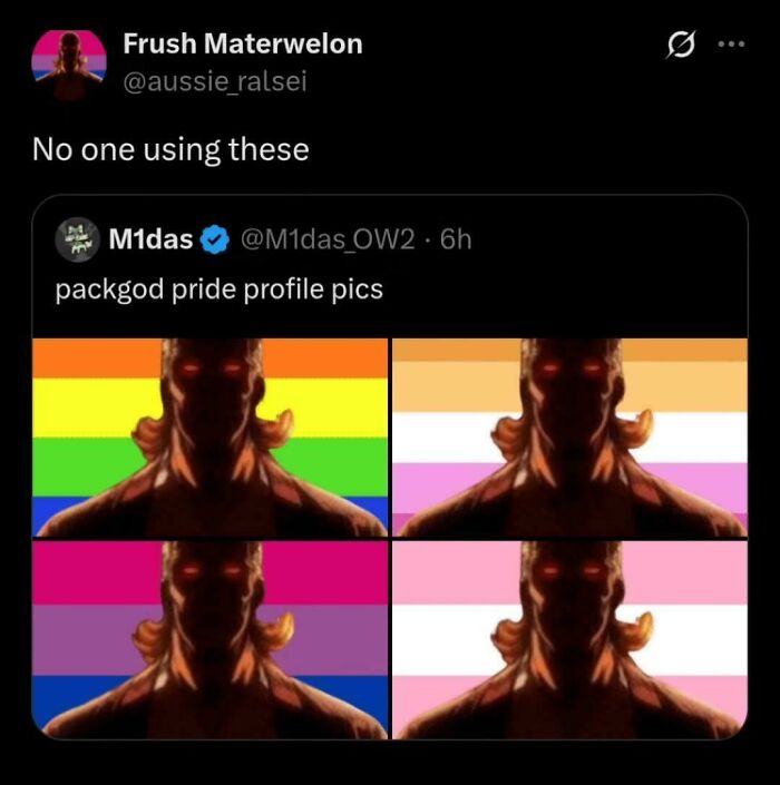 A tweet displaying four pride profile pictures featuring a character, illustrating unexpected character development in online identity.