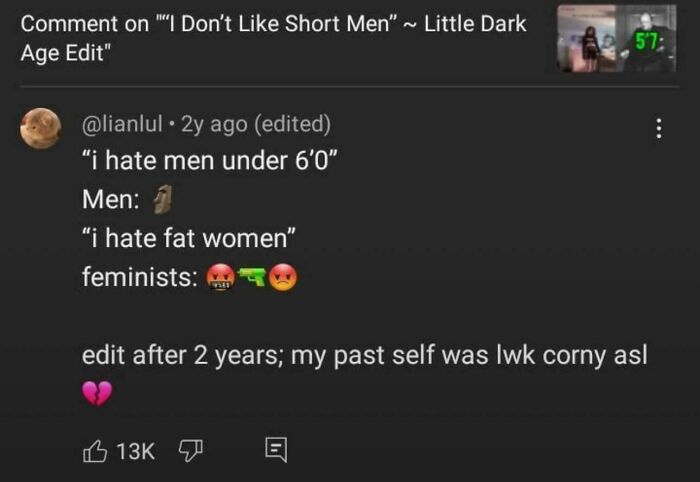 A YouTube comment reflecting on past opinions about men and women, showcasing unexpected character development.
