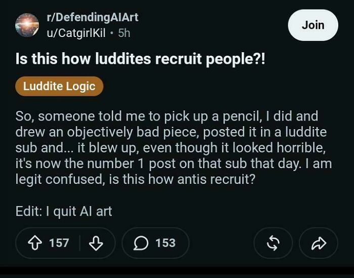A Reddit post from r/DefendingAIArt discussing Luddite recruitment and unexpected character development in the anti-AI art community.