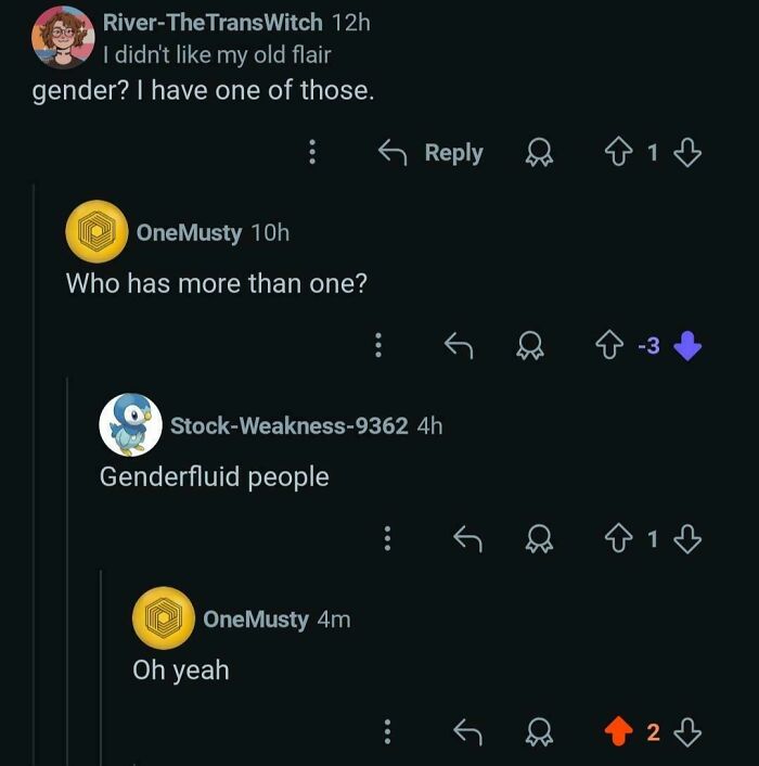 A screenshot showing Reddit comments about gender fluidity, capturing unexpected character development through online interaction.