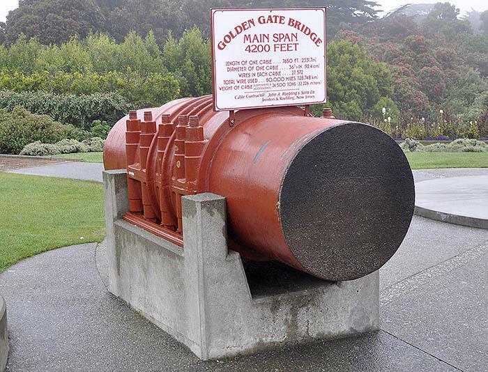 A surprising photo of a massive Golden Gate Bridge cable segment cut in half, highlighting its immense scale and wire density.