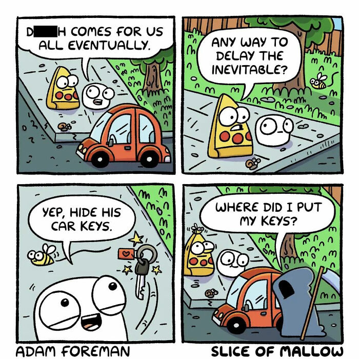 Humorous comics: A marshmallow and pizza slice attempt to outsmart d***h by hiding car keys, a funny everyday life scenario.