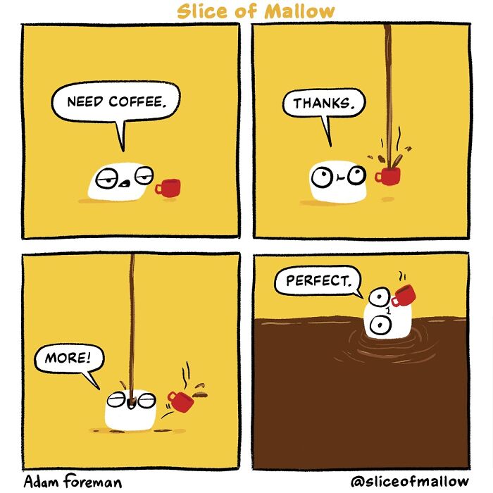 Humorous comics: A marshmallow humorously drowns in coffee, illustrating an extreme need for caffeine.