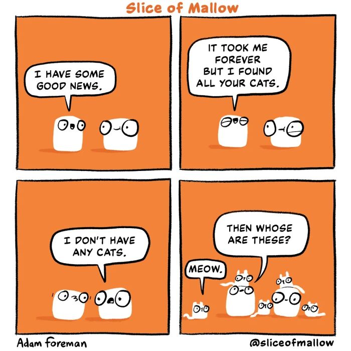 Humorous comics: Two marshmallows discussing cats, one finding cats for the other who claims not to have any.