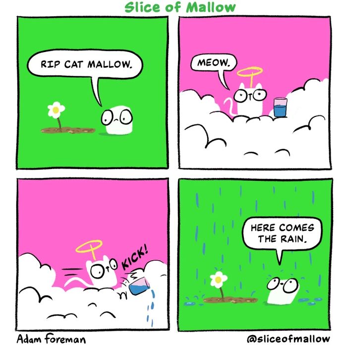 Humorous comics of a marshmallow mourning a cat marshmallow; the cat marshmallow is in heaven, kicking a glass of water, causing rain.