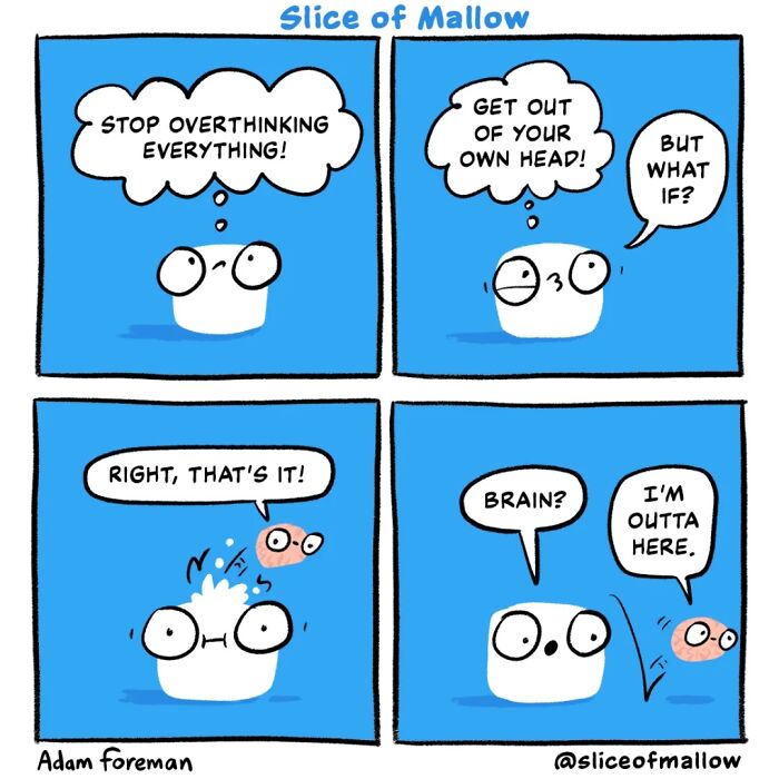 Humorous comics of a marshmallow trying to stop overthinking, eventually deciding to leave its brain.