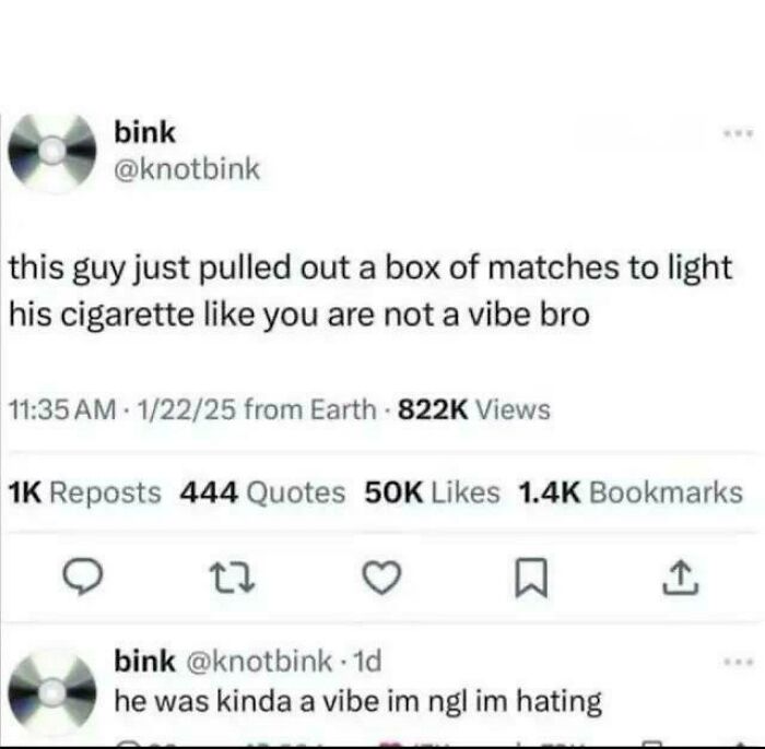 Screenshot of a tweet and its reply showcasing unexpected character development about lighting a cigarette with matches.