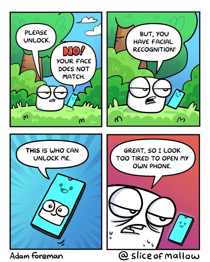 Humorous comics of a marshmallow trying to unlock its phone with facial recognition, but its face doesn't match.