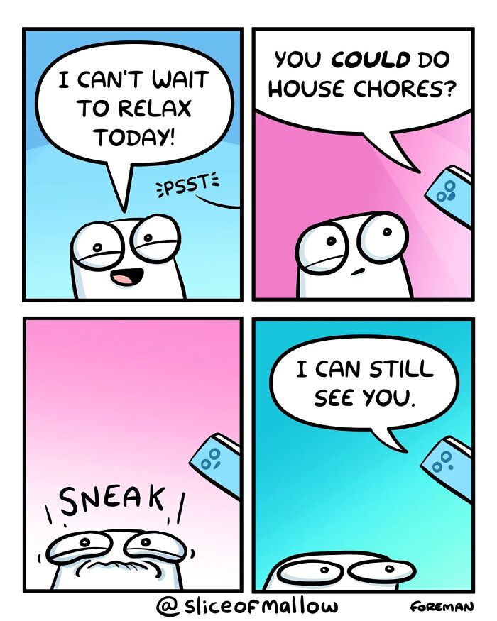 Humorous comics of a marshmallow trying to relax but being reminded of house chores by a hovering phone.