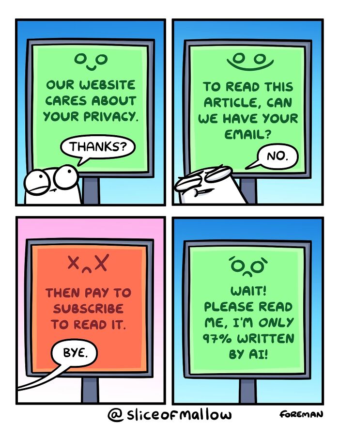 Humorous comics: A marshmallow navigates website privacy policies, encountering various pop-ups and demands for info.