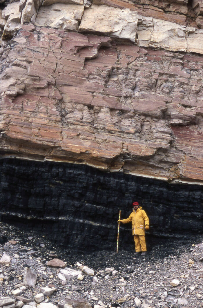 Interesting and surprising photos of a person standing next to geological strata, cut in half to show layers.