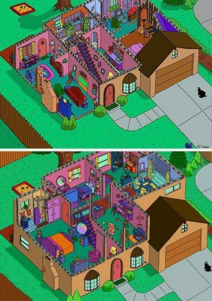Two surprising photos of the Simpsons house cut in half, showcasing its detailed interior rooms.