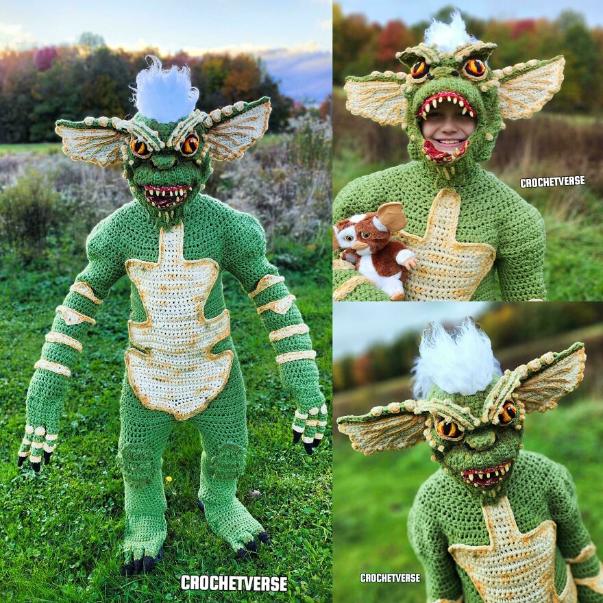 A creative Gremlin crochet creation costume stands in a field. Crochet craft projects.