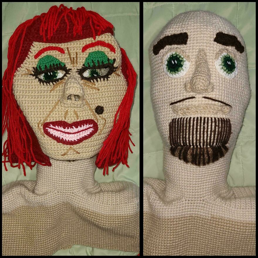 Two crochet creations side-by-side, one with red hair and makeup, the other a male face, showcasing crochet projects.