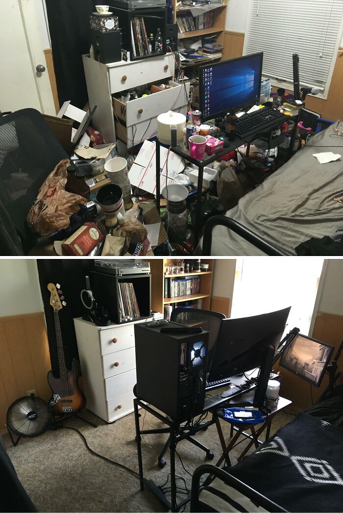 Before and after of a male living space, showing a dramatic transformation from clutter to an organized gaming setup.
