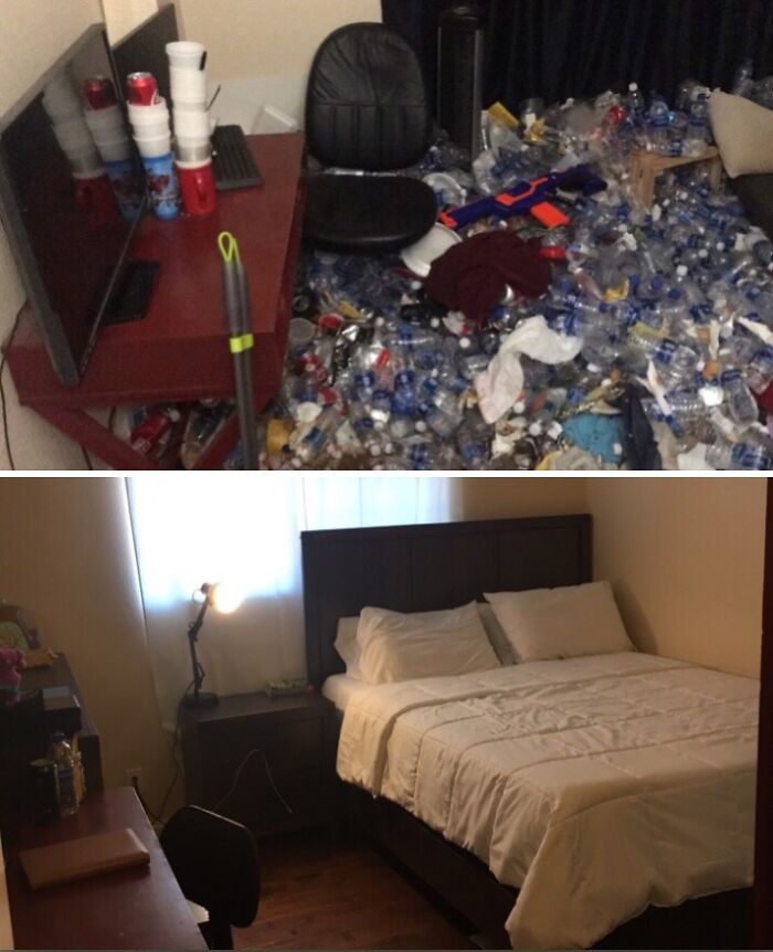 A before-and-after image of a male living space, showing a room filled with empty water bottles and then a clean, tidy bedroom.