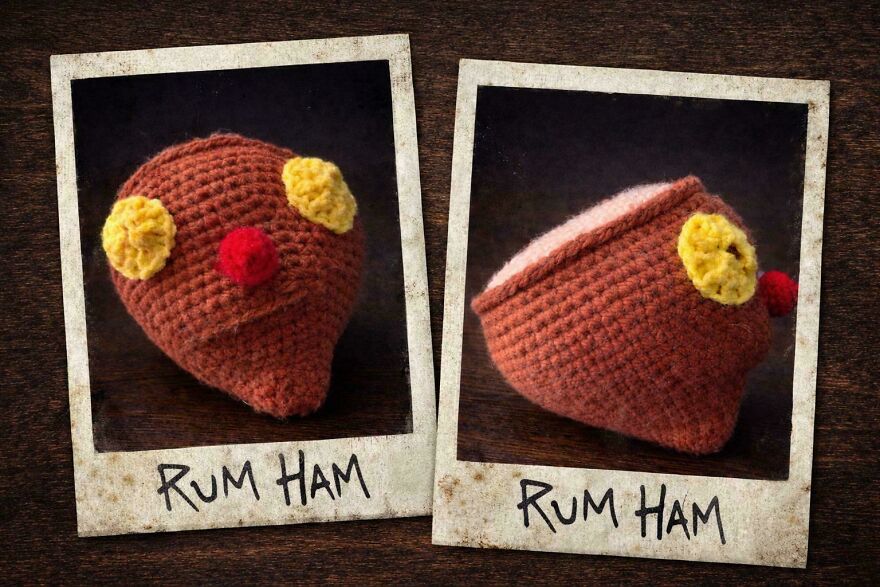 Two polaroid photos of brown crochet creations called Rum Ham, featuring yellow spots and a red nose, showcasing craft project intentions.