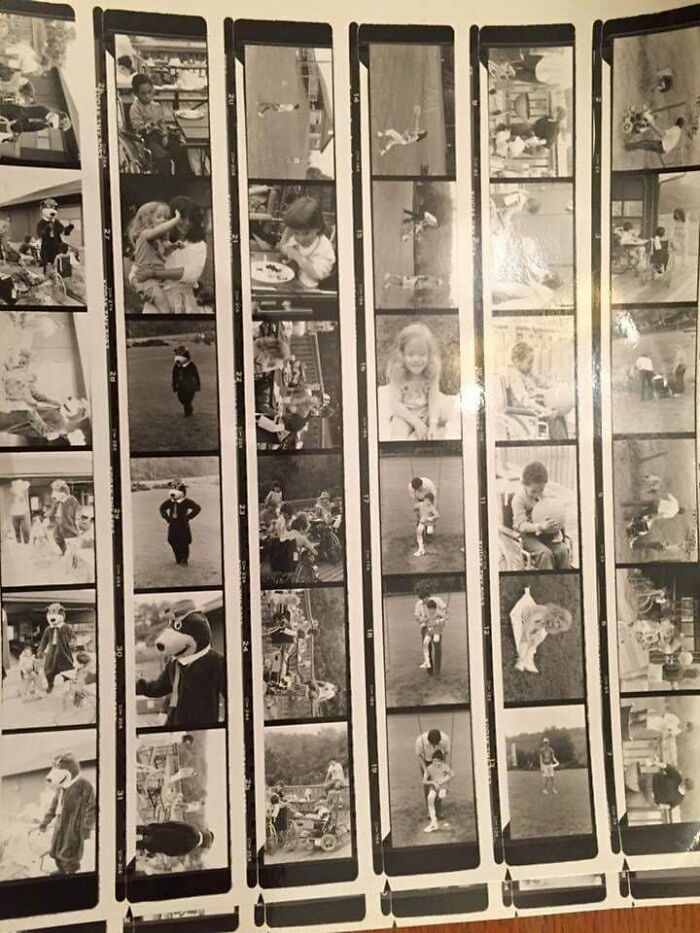 A contact sheet with multiple black and white photos of children and various activities, showing things found exploring abandoned places.