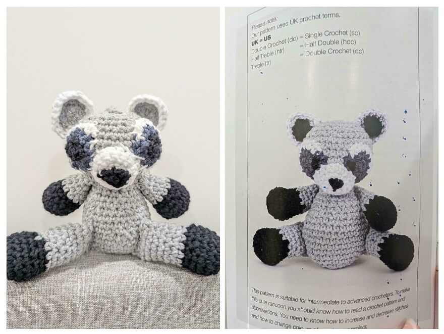 A side-by-side comparison of a finished gray crochet creation raccoon and its pattern in a book.