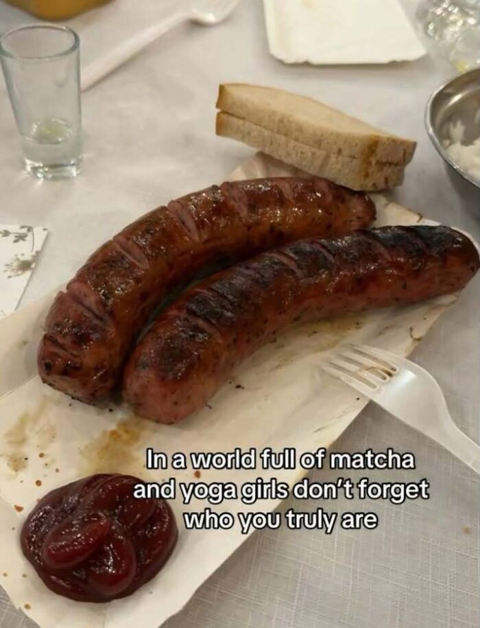 Eastern Europe meme: Two large grilled sausages with a slice of bread and ketchup, highlighting Eastern European food culture.