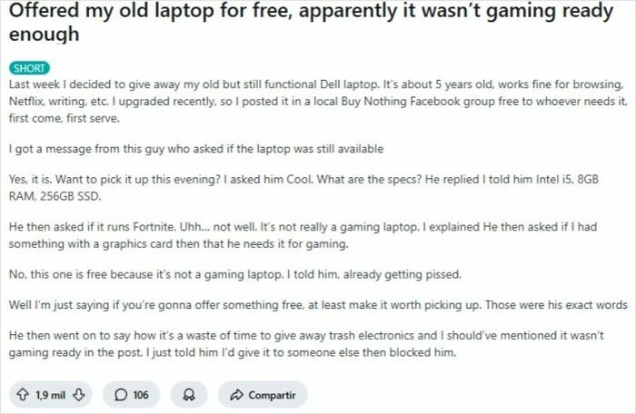 A screenshot of text about an outrageous request for a free laptop not being gaming ready, highlighting people who don't understand money.