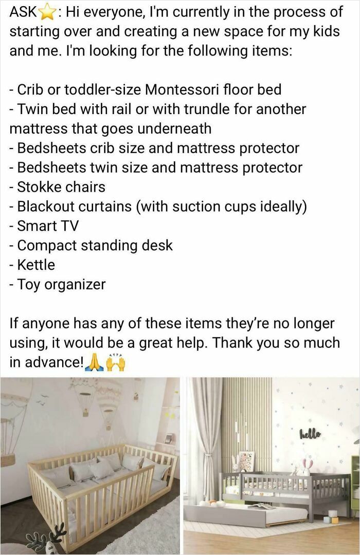 An image displaying a list of items for a new space, highlighting outrageous requests for free goods.