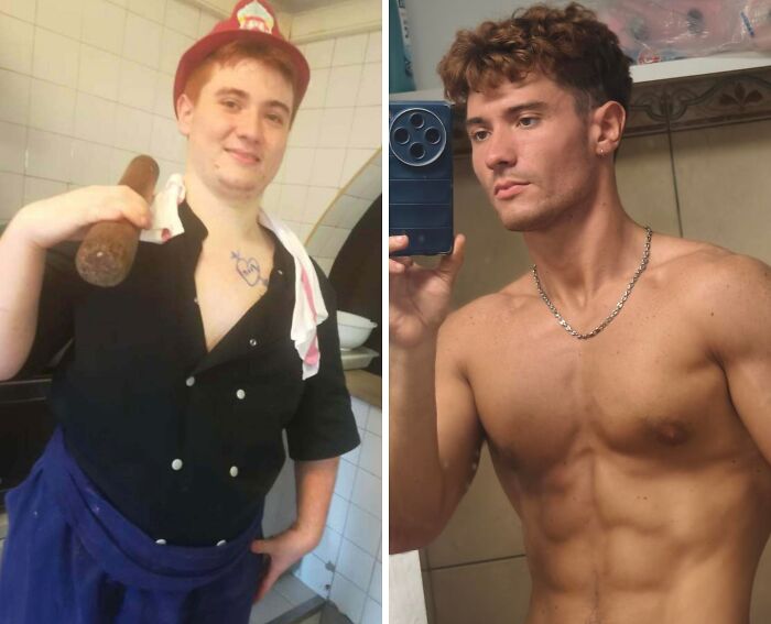 An overweight man in a chef uniform transforming into a muscular man, an incredible transformation.
