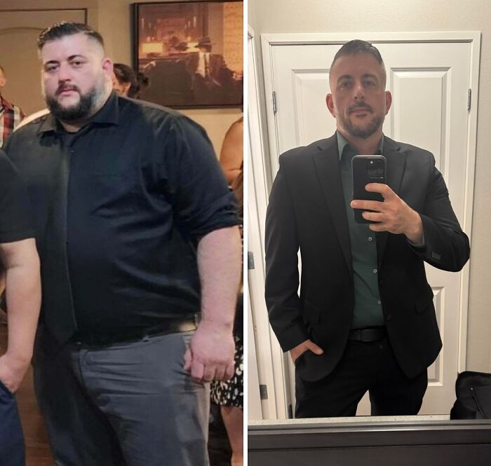 A man with a beard, overweight in a black shirt, undergoing an incredible transformation into a fit man in a suit.