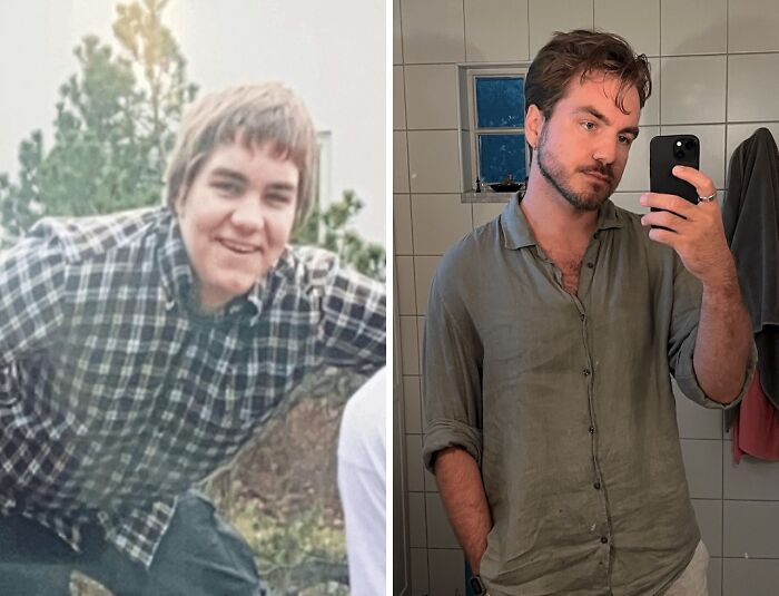 An ugly duckling transformation of a young man in a plaid shirt, then a sophisticated man in a green shirt.